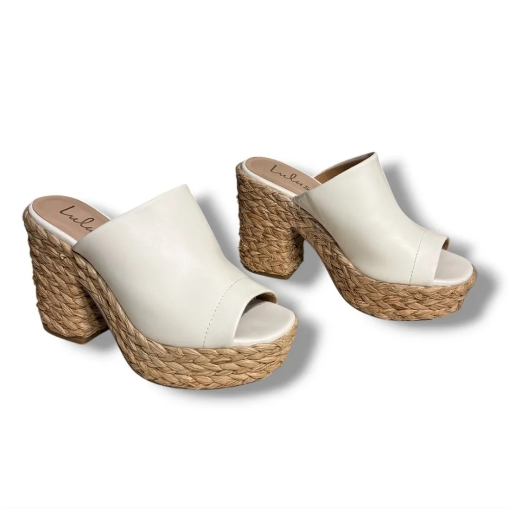 LULUS Ervyn White Raffia Platform Slide Sandals